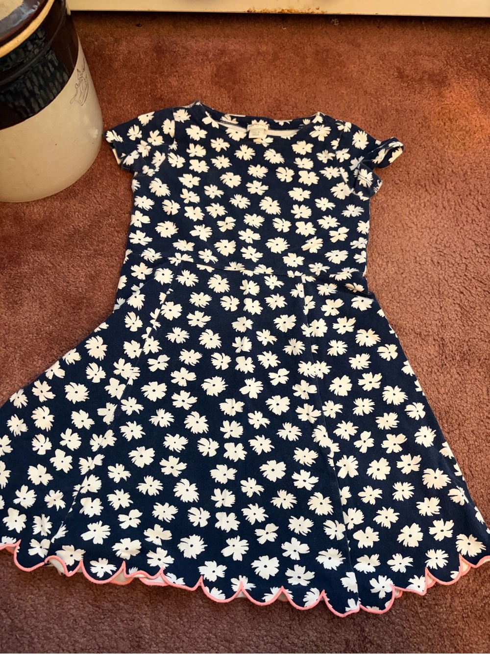 Crewcuts Navy Floral Fit-and-Flare Dress with Pink Trim